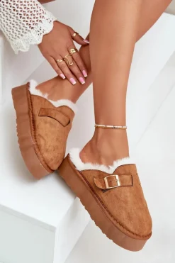 Kapcie Damskie Na Grubej Podeszwie Z Futerkiem I Klamrą Camel Linneola Damskie Kapcie Klasyczne