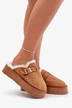 Kapcie Damskie Na Grubej Podeszwie Z Futerkiem I Klamrą Camel Linneola Damskie Kapcie Klasyczne