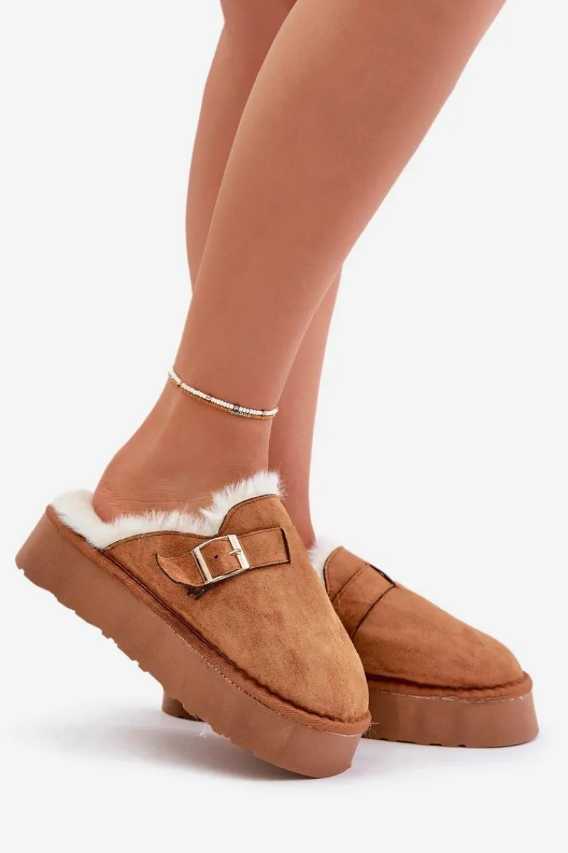 Kapcie Damskie Na Grubej Podeszwie Z Futerkiem I Klamrą Camel Linneola Damskie Kapcie Klasyczne