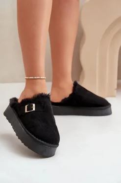 Hot Boto Kapcie Damskie Na Grubej Podeszwie Z Futerkiem I Klamrą Czarne Linneola Czarny