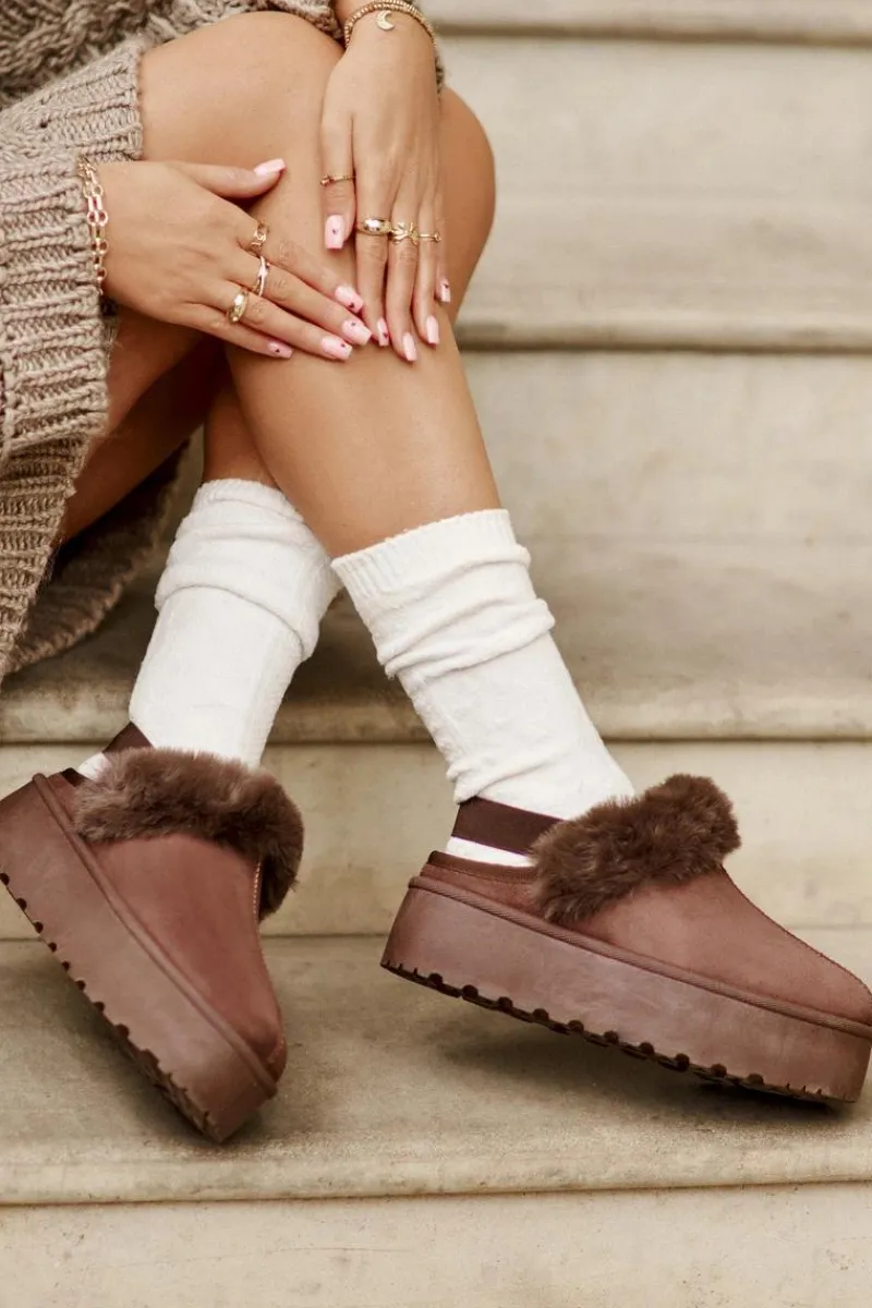 Online Boto Kapcie Damskie Na Platformie Z Futerkiem Brązowe Linaris