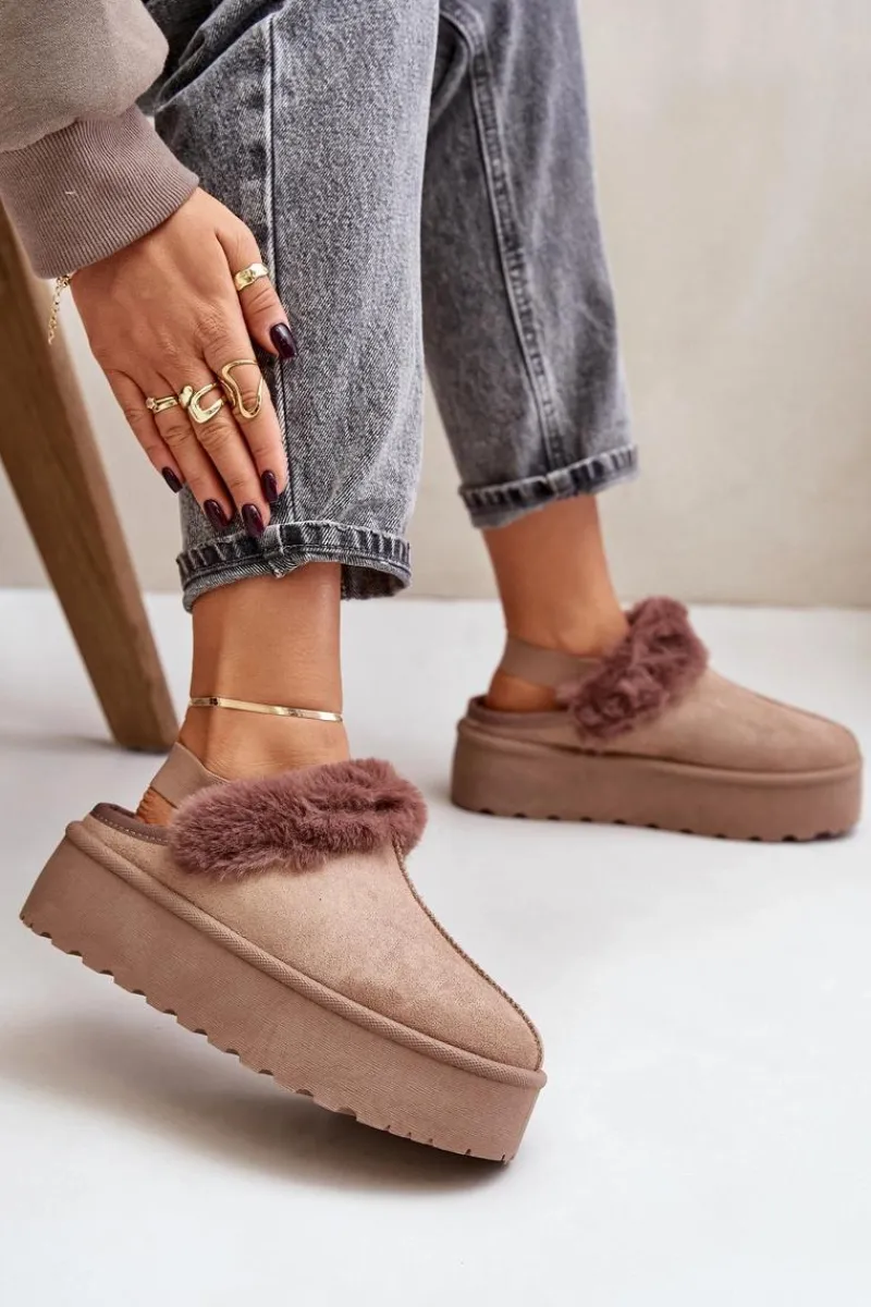 Śniegowce Damskie|Kapcie Klasyczne>Boto Kapcie Damskie Na Platformie Z Futerkiem Ciemnobeżowe Linaris