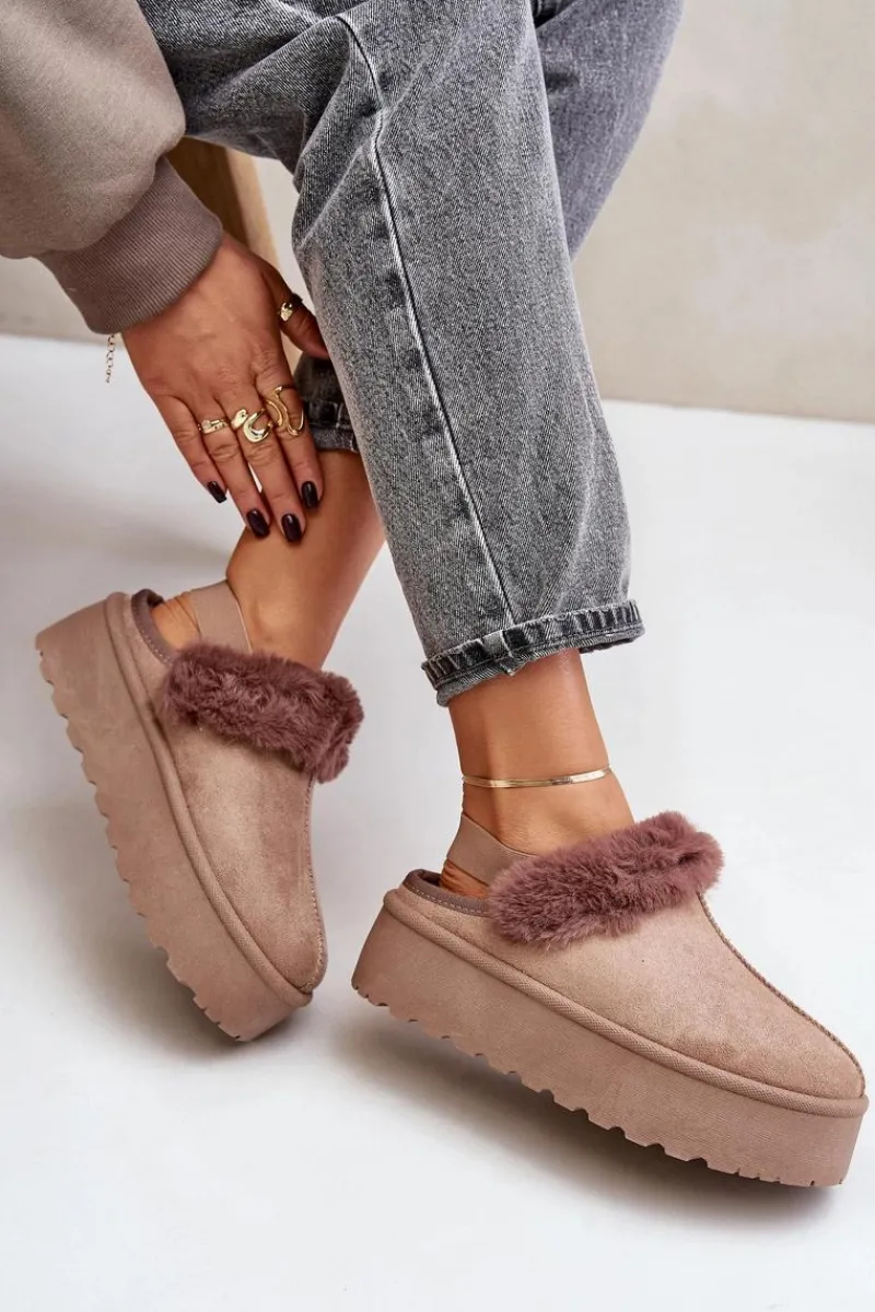 Śniegowce Damskie|Kapcie Klasyczne>Boto Kapcie Damskie Na Platformie Z Futerkiem Ciemnobeżowe Linaris