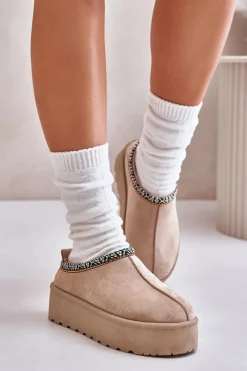 Hot Kapcie Damskie Na Platformie Z Haftem Beżowe Neroma Damskie Śniegowce Damskie|Kapcie Klasyczne