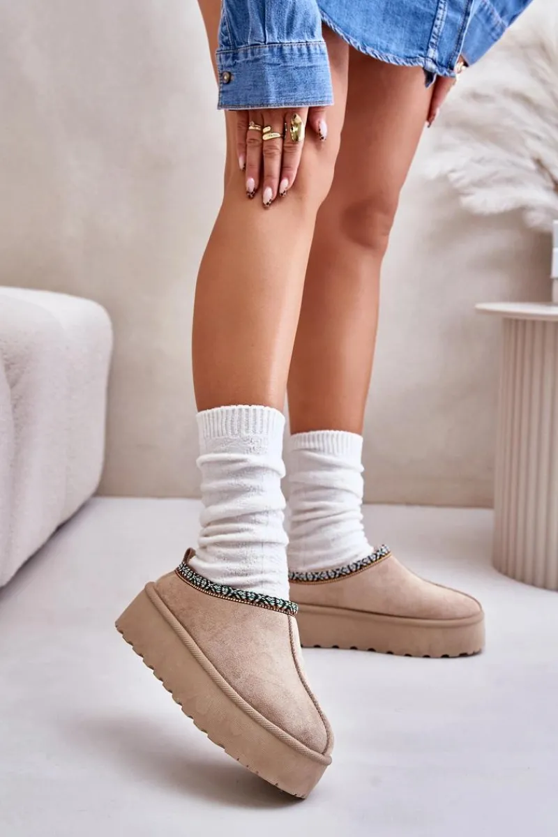 Hot Kapcie Damskie Na Platformie Z Haftem Beżowe Neroma Damskie Śniegowce Damskie|Kapcie Klasyczne