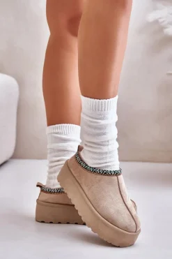 Hot Kapcie Damskie Na Platformie Z Haftem Beżowe Neroma Damskie Śniegowce Damskie|Kapcie Klasyczne