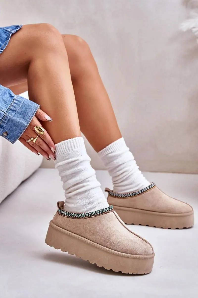 Hot Kapcie Damskie Na Platformie Z Haftem Beżowe Neroma Damskie Śniegowce Damskie|Kapcie Klasyczne