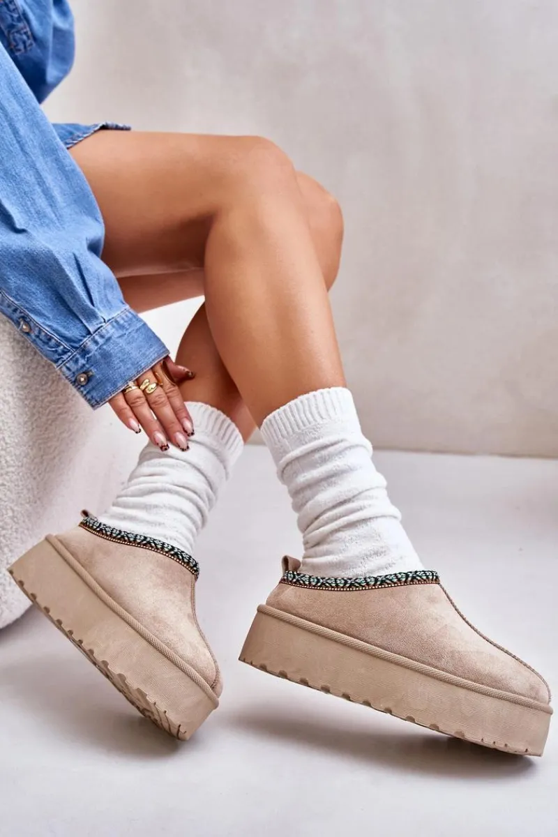 Hot Kapcie Damskie Na Platformie Z Haftem Beżowe Neroma Damskie Śniegowce Damskie|Kapcie Klasyczne