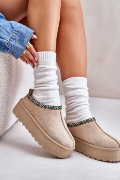 Hot Kapcie Damskie Na Platformie Z Haftem Beżowe Neroma Damskie Śniegowce Damskie|Kapcie Klasyczne