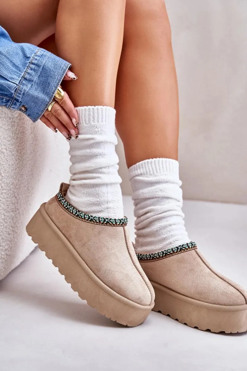 Hot Kapcie Damskie Na Platformie Z Haftem Beżowe Neroma Damskie Śniegowce Damskie|Kapcie Klasyczne