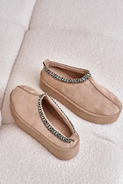 Hot Kapcie Damskie Na Platformie Z Haftem Beżowe Neroma Damskie Śniegowce Damskie|Kapcie Klasyczne