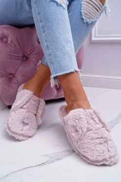 Clearance Boto Kapcie Damskie SOXO Puchate Pieski z Uszami Różowe