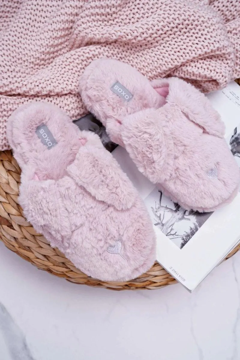 Clearance Boto Kapcie Damskie SOXO Puchate Pieski z Uszami Różowe