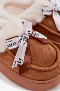 New Boto Kapcie Damskie Z Futerkiem I Kokardką Brązowe Fenella Brązowy