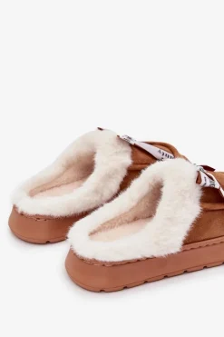 New Boto Kapcie Damskie Z Futerkiem I Kokardką Brązowe Fenella Brązowy