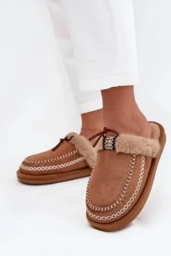 Discount Boto Kapcie Damskie Z Futerkiem I Haftem Brązowe Perivelle