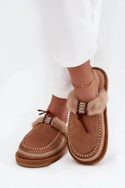 Discount Boto Kapcie Damskie Z Futerkiem I Haftem Brązowe Perivelle