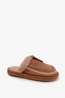 Discount Boto Kapcie Damskie Z Futerkiem I Haftem Brązowe Perivelle