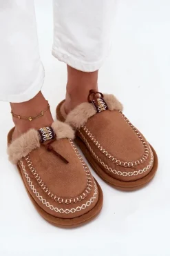 Discount Boto Kapcie Damskie Z Futerkiem I Haftem Brązowe Perivelle