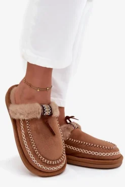 Discount Boto Kapcie Damskie Z Futerkiem I Haftem Brązowe Perivelle