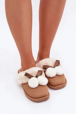 New Boto Kapcie Damskie Z Futerkiem Camel Nartani Brązowy