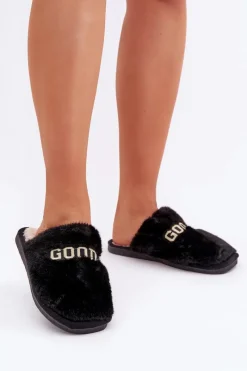 Discount Kapcie Damskie Z Futerkiem I Napisem Czarne Kalelia Damskie Kapcie Klasyczne|Klapki Z Futerkiem