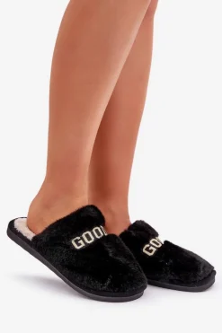 Discount Kapcie Damskie Z Futerkiem I Napisem Czarne Kalelia Damskie Kapcie Klasyczne|Klapki Z Futerkiem