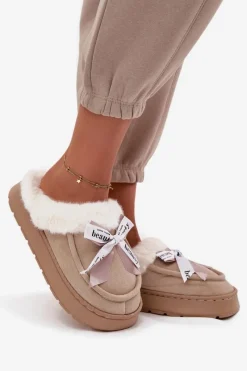 Kapcie Damskie Z Futerkiem I Kokardką Beżowe Fenella Damskie Kapcie Klasyczne