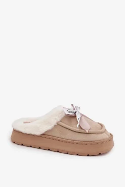 Kapcie Damskie Z Futerkiem I Kokardką Beżowe Fenella Damskie Kapcie Klasyczne