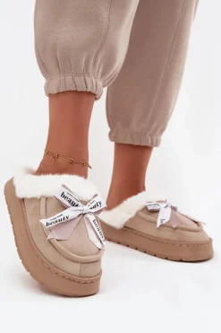 Kapcie Damskie Z Futerkiem I Kokardką Beżowe Fenella Damskie Kapcie Klasyczne