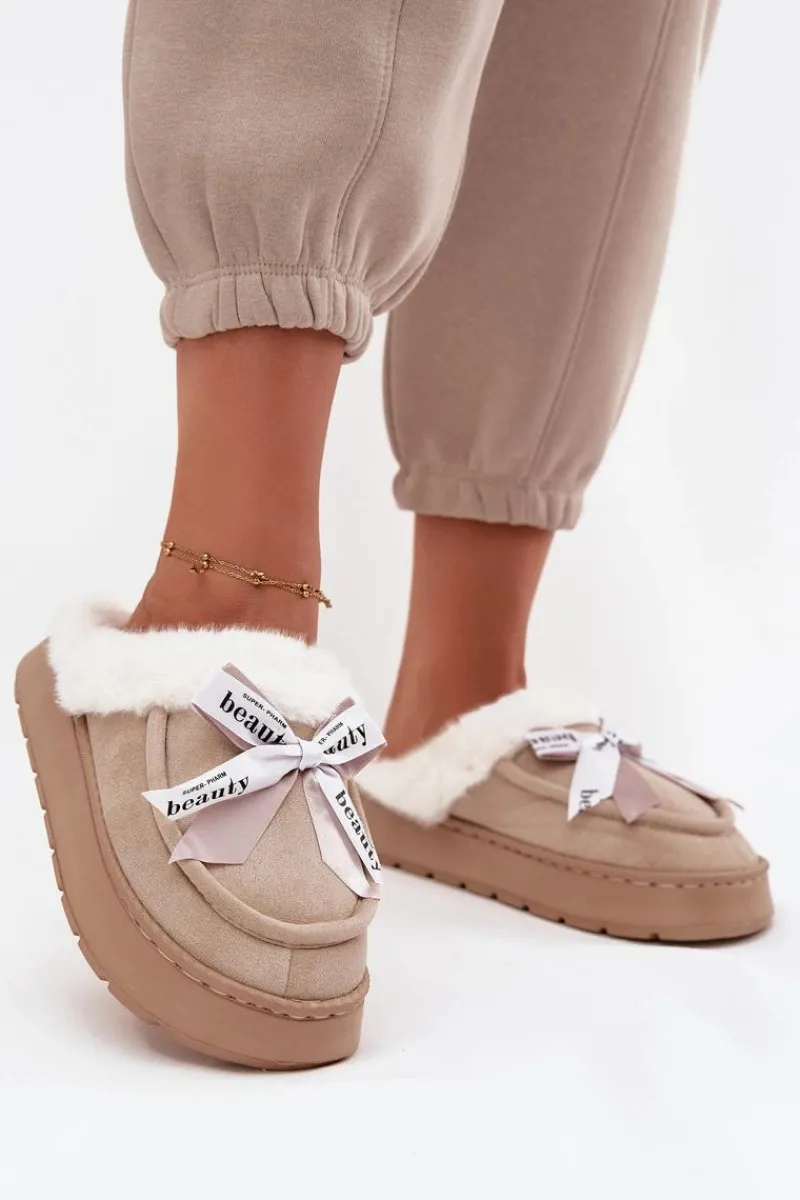 Kapcie Damskie Z Futerkiem I Kokardką Beżowe Fenella Damskie Kapcie Klasyczne