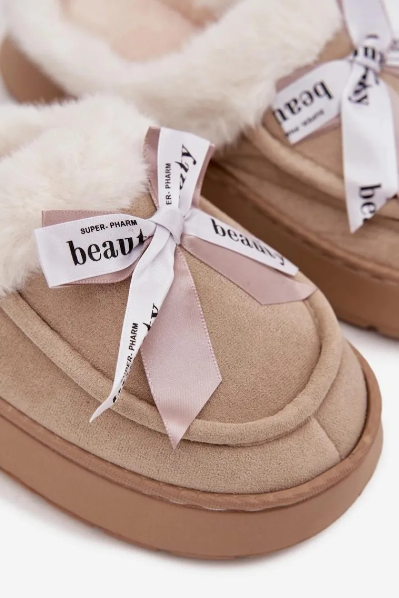 Kapcie Damskie Z Futerkiem I Kokardką Beżowe Fenella Damskie Kapcie Klasyczne