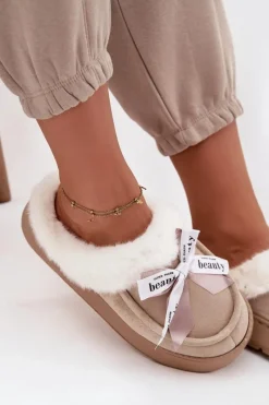 Kapcie Damskie Z Futerkiem I Kokardką Beżowe Fenella Damskie Kapcie Klasyczne