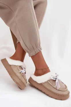 Kapcie Damskie Z Futerkiem I Kokardką Beżowe Fenella Damskie Kapcie Klasyczne