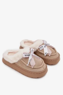 Kapcie Damskie Z Futerkiem I Kokardką Beżowe Fenella Damskie Kapcie Klasyczne