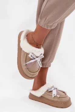 Kapcie Damskie Z Futerkiem I Kokardką Beżowe Fenella Damskie Kapcie Klasyczne