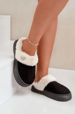 Kapcie Klasyczne>Boto Kapcie Damskie Z Futerkiem I Ozdobnym Sercem Czarne Otielo Czarny