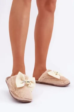 Online Kapcie Damskie Z Futerkiem I Kokardą Beżowe Olfedi Damskie Kapcie Klasyczne