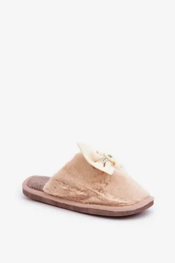 Online Kapcie Damskie Z Futerkiem I Kokardą Beżowe Olfedi Damskie Kapcie Klasyczne