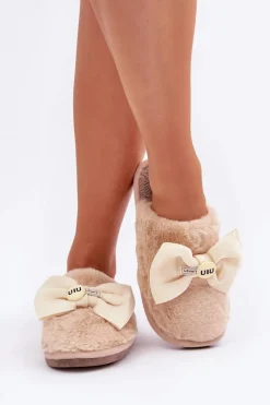 Online Kapcie Damskie Z Futerkiem I Kokardą Beżowe Olfedi Damskie Kapcie Klasyczne