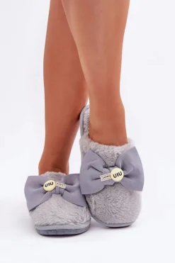 New Kapcie Damskie Z Futerkiem I Kokardą Szare Olfedi Damskie Kapcie Klasyczne