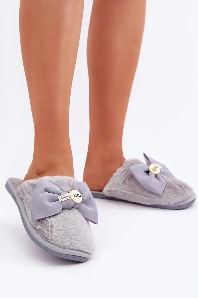 New Kapcie Damskie Z Futerkiem I Kokardą Szare Olfedi Damskie Kapcie Klasyczne
