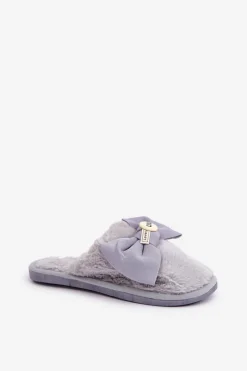 New Kapcie Damskie Z Futerkiem I Kokardą Szare Olfedi Damskie Kapcie Klasyczne