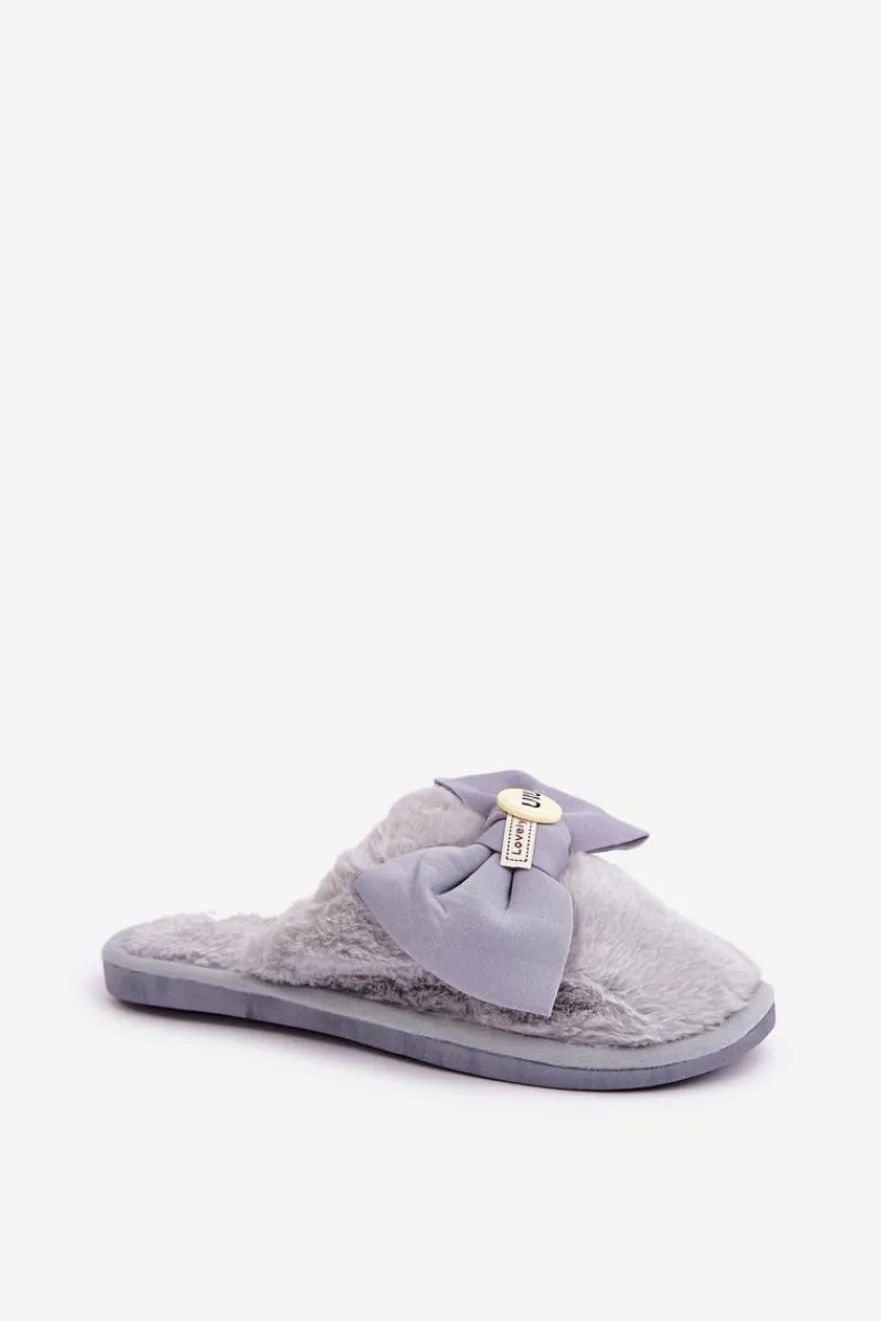 New Kapcie Damskie Z Futerkiem I Kokardą Szare Olfedi Damskie Kapcie Klasyczne