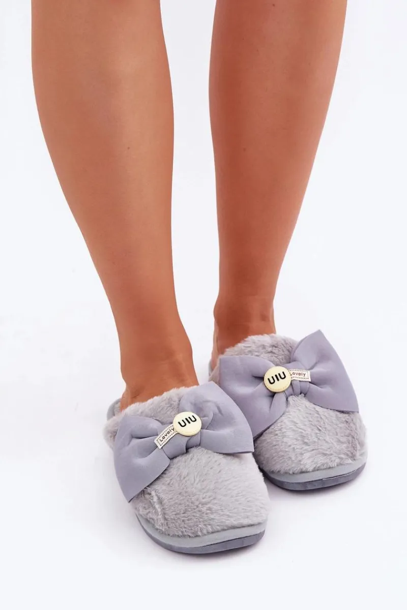 New Kapcie Damskie Z Futerkiem I Kokardą Szare Olfedi Damskie Kapcie Klasyczne
