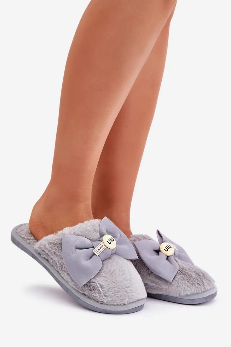 New Kapcie Damskie Z Futerkiem I Kokardą Szare Olfedi Damskie Kapcie Klasyczne