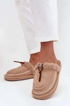 Hot Boto Kapcie Damskie Z Futerkiem I Haftem Beżowe Perivelle