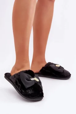 Kapcie Klasyczne>Boto Kapcie Damskie Z Futerkiem I Kokardą Czarne Olfedi Czarny