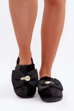 Kapcie Klasyczne>Boto Kapcie Damskie Z Futerkiem I Kokardą Czarne Olfedi Czarny