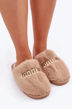 New Boto Kapcie Damskie Z Futerkiem I Napisem Brązowe Kalelia Brązowy